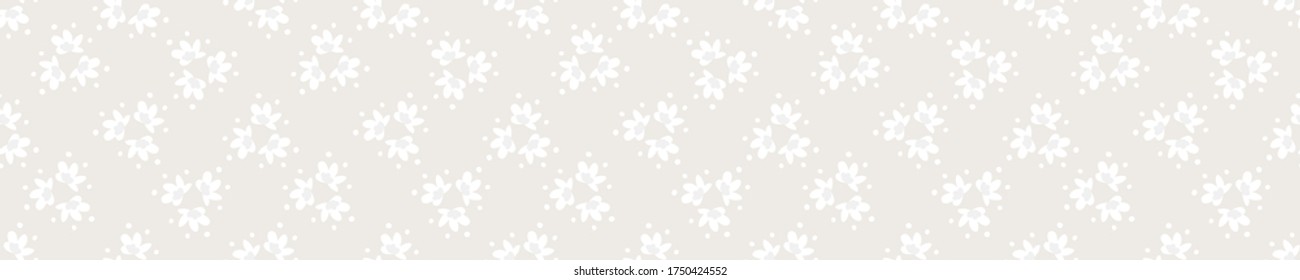 Seamless border damask pattern. Neutral cream flower blooms banner background. Elegant minimal off white beige linen texture.  Stylish ribbon trim