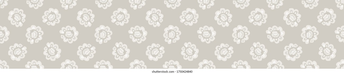 Seamless border damask pattern. Neutral cream flower blooms banner background. Elegant minimal off white beige linen texture.  Stylish ribbon trim