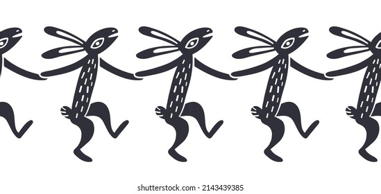 Seamless Border With Dancing Bunnies. Flat Vector Illustration In Folk Style. Monochrome Scandinavian Pattern.