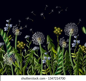 Seamless border with dandelion and wild flowers