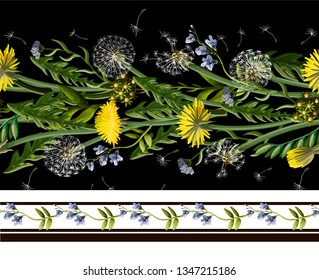 Seamless border with dandelion and wild flowers