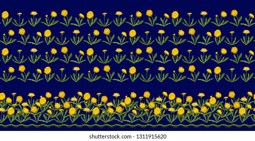 Seamless border with dandelions isolated on dark blue. Excellent print for greeting cards, clothes, bed linens, fabric, textiles, wallpaper, wrapping paper, gift box.