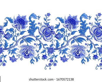 Seamless border with decorative baroque flowers