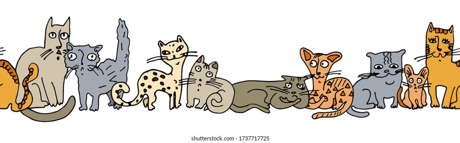 Seamless border with decorative cats isolated on white background. Cartoon style. Stock illustration.