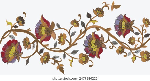 Seamless border with decorative flowers, kalamkari art, paisley border design, mughal border design.