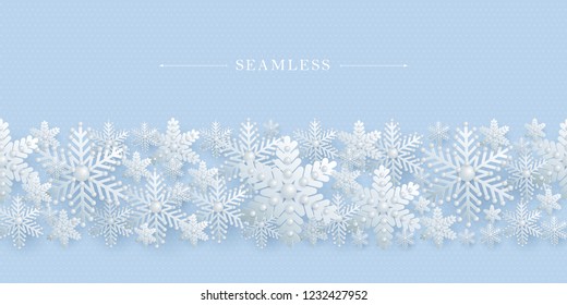 Seamless border with decorative openwork 3D snowflakes decorated with beads. Winter, New Year, Christmas element for holiday and advertising design, Vector illustration