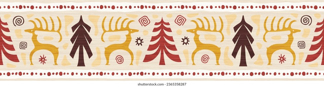 Seamless border, deer and spruce, Christmas pattern, ethnic background, vector banner