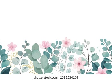 Seamless border with delicate multicolored meadow flowers, watercolor illustration.