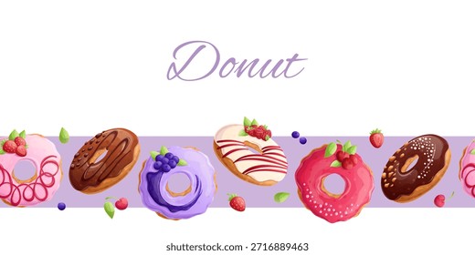 Frontera sin fisuras con deliciosas rosquillas. El concepto de confitería, horneado, cocina. Ilustración vectorial para el diseño de carteles, postales, Anuncios