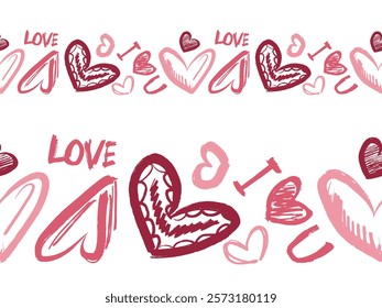 Seamless border design with hand drawn hearts with lettering for the Valentine's day as a symbol of love. Brush stroke textured art. Vector sketch illustration in vintage charcoal ink style