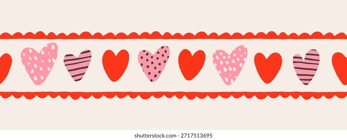 Seamless border design in hand drawn doodle style with various hearts featuring stripes, dots and spots, for romantic design stationery and decorative tape, vector illustration.