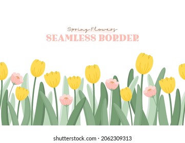 Seamless border design with yellow tulips and pink flowers.