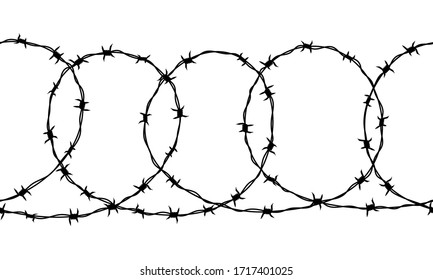 Seamless border of detailed black ravel barbed wire isolated on white