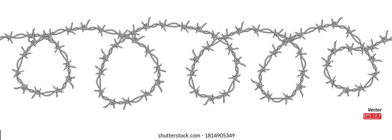 Seamless border of detailed ravel barbed wire, isolated on white background vector illustration