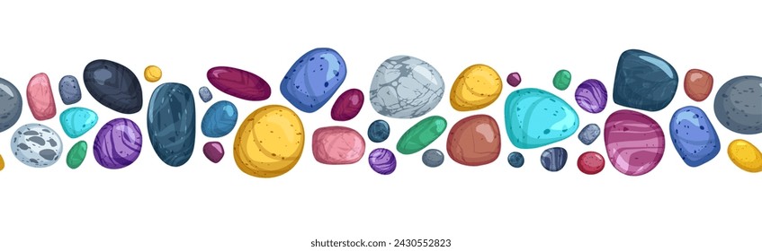 Seamless border with different colorful peerless flat style, vector illustration on white background. Decorative design element, smooth pebbles from beach