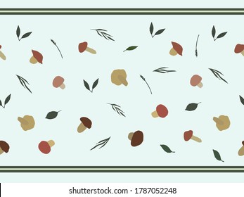 Seamless border with different mushrooms, branches with leaves and grass gray-green on a blue background.