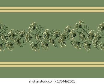 Seamless border with dill flowers and green plant leaves on a gray-green background and lines. Design for wallpaper, background, fabric, textile, interior, cooking, cafe, paper, packaging.