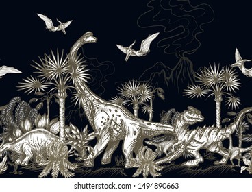 Seamless border with dinosaurs and landscape. Vector.