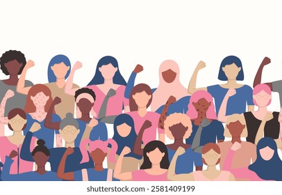 Seamless border with diversity women show strength for Accelerate Action. Horizontal pattern on white background. International Women's day 8 March. Girl Power. IWD 2025 banner with copy space