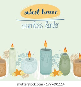 Seamless border divider for frames and other food in green shades with bright orange accents in the form of fire and stars. The main element is five candles of different shades and shapes.