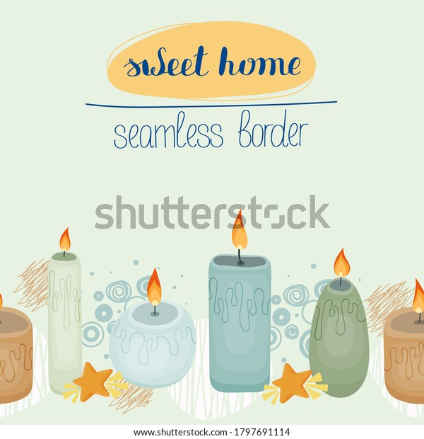 Seamless border divider for frames and other food\
in green shades with bright orange accents in the form of fire and\
stars. The main element is five candles of different shades and\
shapes.