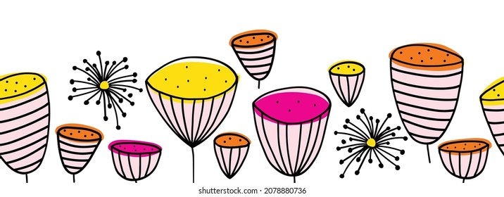 Seamless border doodle flowers. Modern hand drawn cute line art pattern decorative florals. Vector sketch illustration isolated on white background. Simple minimalism border for footer, card decor.
