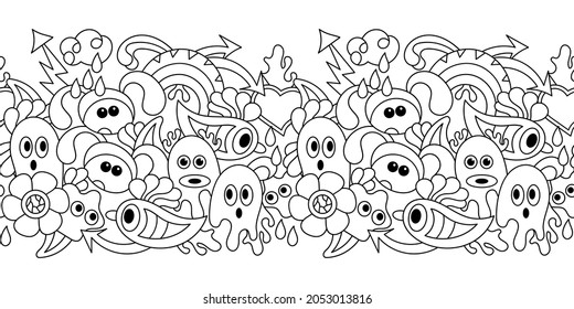 Seamless border Doodle Monsters and casts , Hand drawn Face , Abstract shapes. Coloring book Cartoon Vector illustartions.