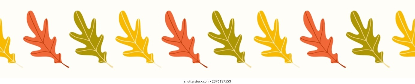 Seamless border of doodle oak leaves on isolated background. Hand drawn background for Autumn harvest holiday, Thanksgiving, Halloween, seasonal, textile, scrapbooking, washi tape.