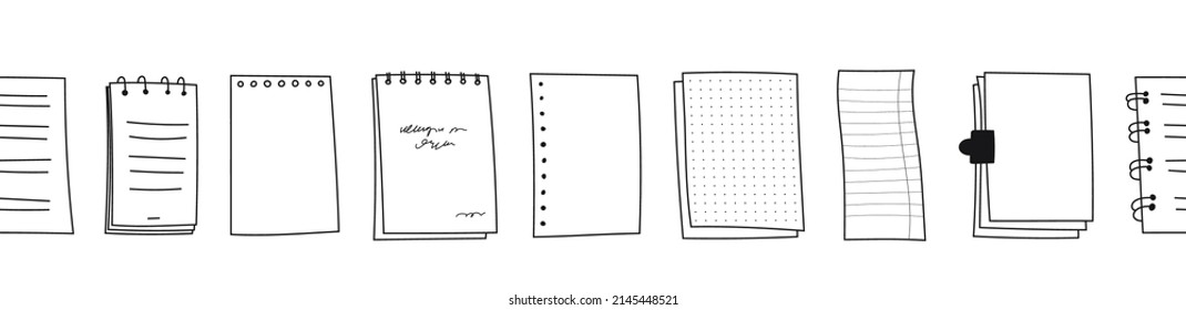 Seamless border doodle sheets of various notebooks. Hand-drawn paper with stripes, polka dots, blank. Spring-loaded notebooks reminders, memory. Set vector illustrations sketch pages for school.