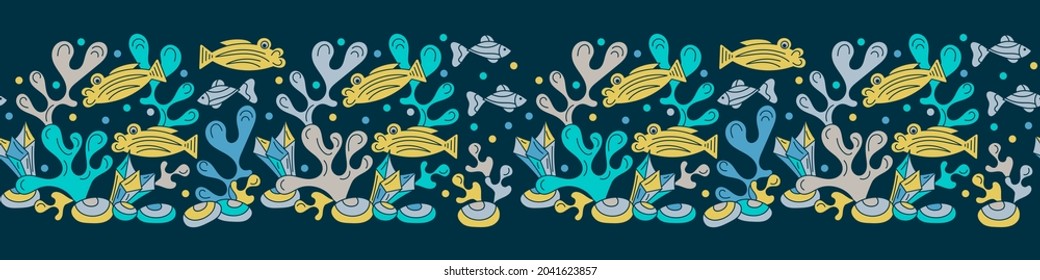 Seamless border Doodle Underwater background. Hand drawn Vector fishes and seaweed on blue.