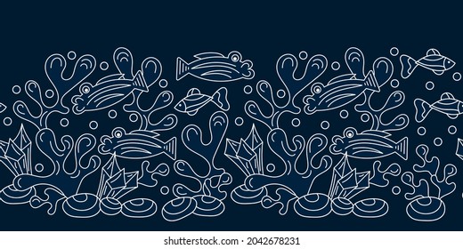 Seamless border Doodle Underwater background. Hand drawn Vector fishes and seaweed. Blue and white