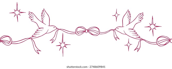 seamless border Doves with a ribbon. Doodle illustration, vintage style. Wedding decoration