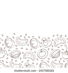 Seamless border of dumplings with spice. Ravioli. Vareniki. Pelmeni. Food. Cooking. National dishes. Products from the dough and meat. Sketch hand drawn background. Pattern for restaurant menu.