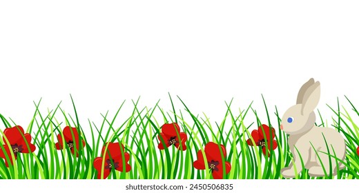 Seamless border Easter bunny in the grass with red poppies on a white background. Copy space. Vector illustration for banner, poster, shop window.