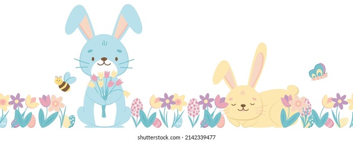 Seamless border with Easter bunny rabbits, spring flowers, colorful eggs, butterfly and bee. Vector illustration isolated background. Copy space, banner