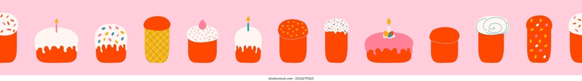 Seamless border with Easter cakes vector illustration. Easter bread collection decorated with glaze and sprinkles, light candles and eggs. Hand drawn banner 