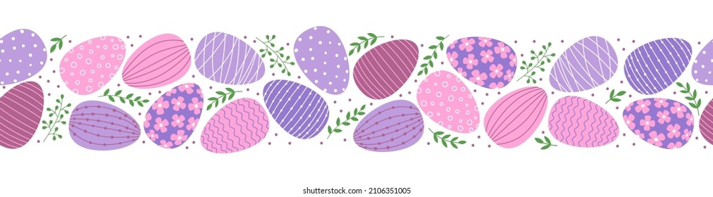 Seamless border with easter decorated eggs and leaves. Flat style eggs in pink and purple colors. Isolated vector illustration