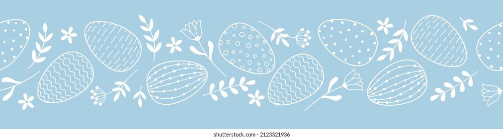 Seamless border with Easter decorated eggs. Line art white eggs, flowers and branches on blue background.