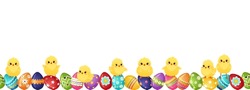 Seamless Border With Easter Eggs And Yellow Funny Fluffy Chickens. Easter Decor Template. Horizontal Decorative Divider With Painted Eggs And Chickens. Vector Illustration.