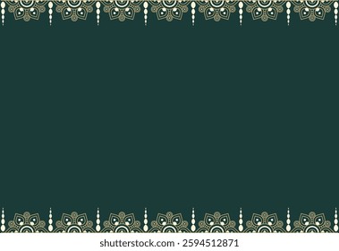 Seamless border in Eastern style. Ornate element for design and place for text.  Traditional golden decor on green background.