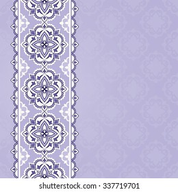 Seamless  border in Eastern style. Vintage border on violet. Ornate element for design and place for text. Ornamental lace pattern for wedding invitations and greeting cards. Traditional floral decor.