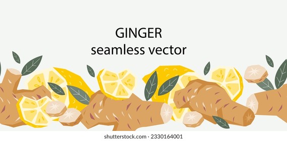 Seamless border or edge with ginger and lemon for food spices and tea packaging with ginger. Ginger or turmeric and lemon seamless border, vector illustration isolated on background.