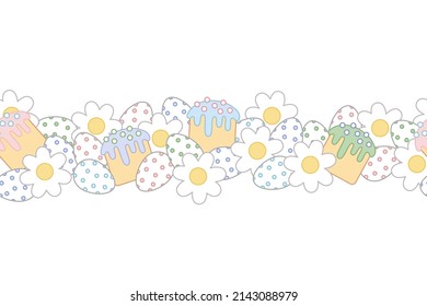 Seamless border of eggs, Easter cake and flowers.