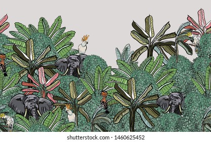 Seamless Border Elephants and Exotic Birds Cockatoo Parrots and Hoopoe in Tropical Jungle Leaves Wildlife Animals in Oriental Asian Forest India Vintage Wallpaper Faded Colors