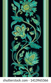 Seamless border with ethnic  ornament elements and paisleys. Folk flowers and leaves for print or embroidery