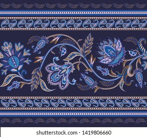 Seamless border with ethnic  ornament elements and paisleys. Folk flowers and leaves for print or embroidery