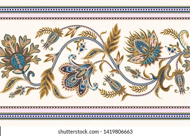 Seamless border with ethnic  ornament elements and paisleys. Folk flowers and leaves for print or embroidery