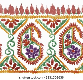 Seamless border with ethnic ornament elements and paisleys. use digital print or embroidery