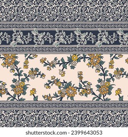 Seamless border with ethnic ornament elements and paisleys. Folk flowers and leaves for print or embroidery.