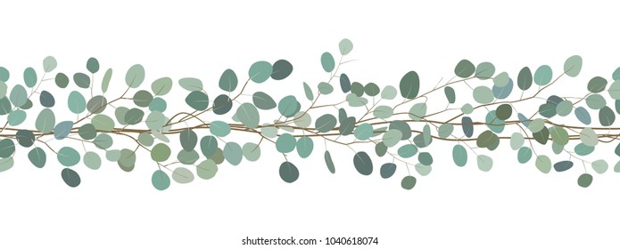 Seamless border of a eucalyptus branches. Floral frame. Vector hand drawn illustration. White background.